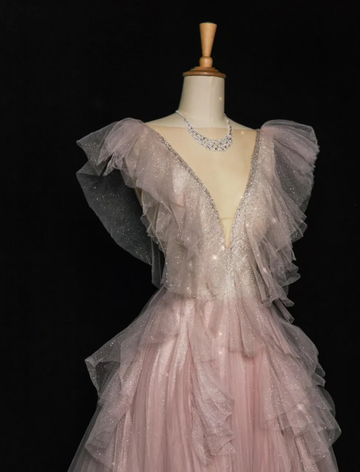 Pink Beaded A Line V Neck Ruffle Tulle Prom Dress Evening Dress Party Dress HZ1023